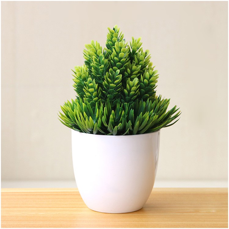 Mini Plastic Lifelike Artificial Green Plant Flower with Pot for Home Office - Green-1