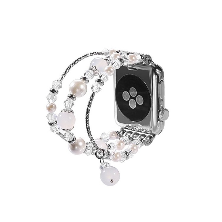 Women's Handmade Pearl Natural Stone Elastic Stretch Bracelet for Apple Watch Series 3 / 2 / 1 42mm - White-1