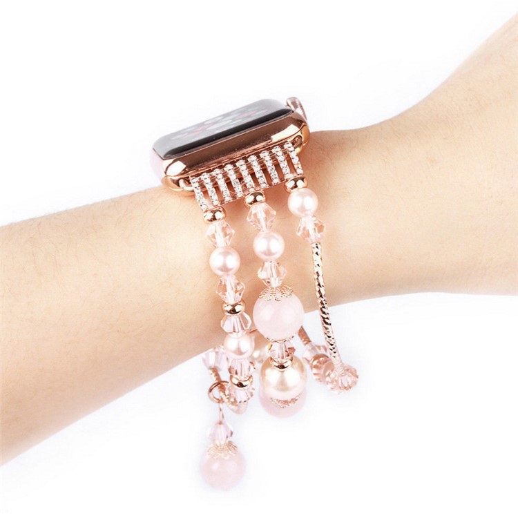 Handmade Elastic Stretch Pearl Stone Watch Band Bracelet for Apple Watch Series 3 2 1 42mm - Pink-1