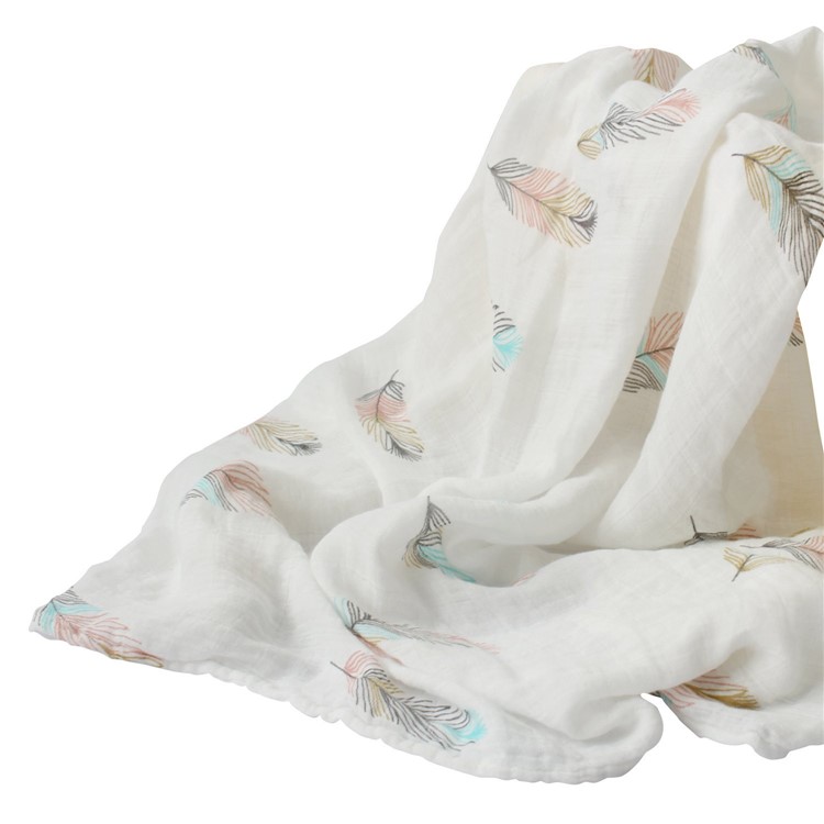 Bamboo Cotton Baby Swaddle Wrap Burping Cloth and Stroller Cover Baby Blanket - Feather Pattern-2