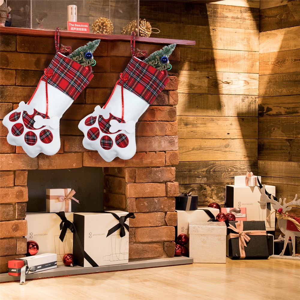 Christmas Stockings Dogs Cat Paw Plaid Xmas Socks New Year Gift Bag - Red Ribbon / Pork Bone-3