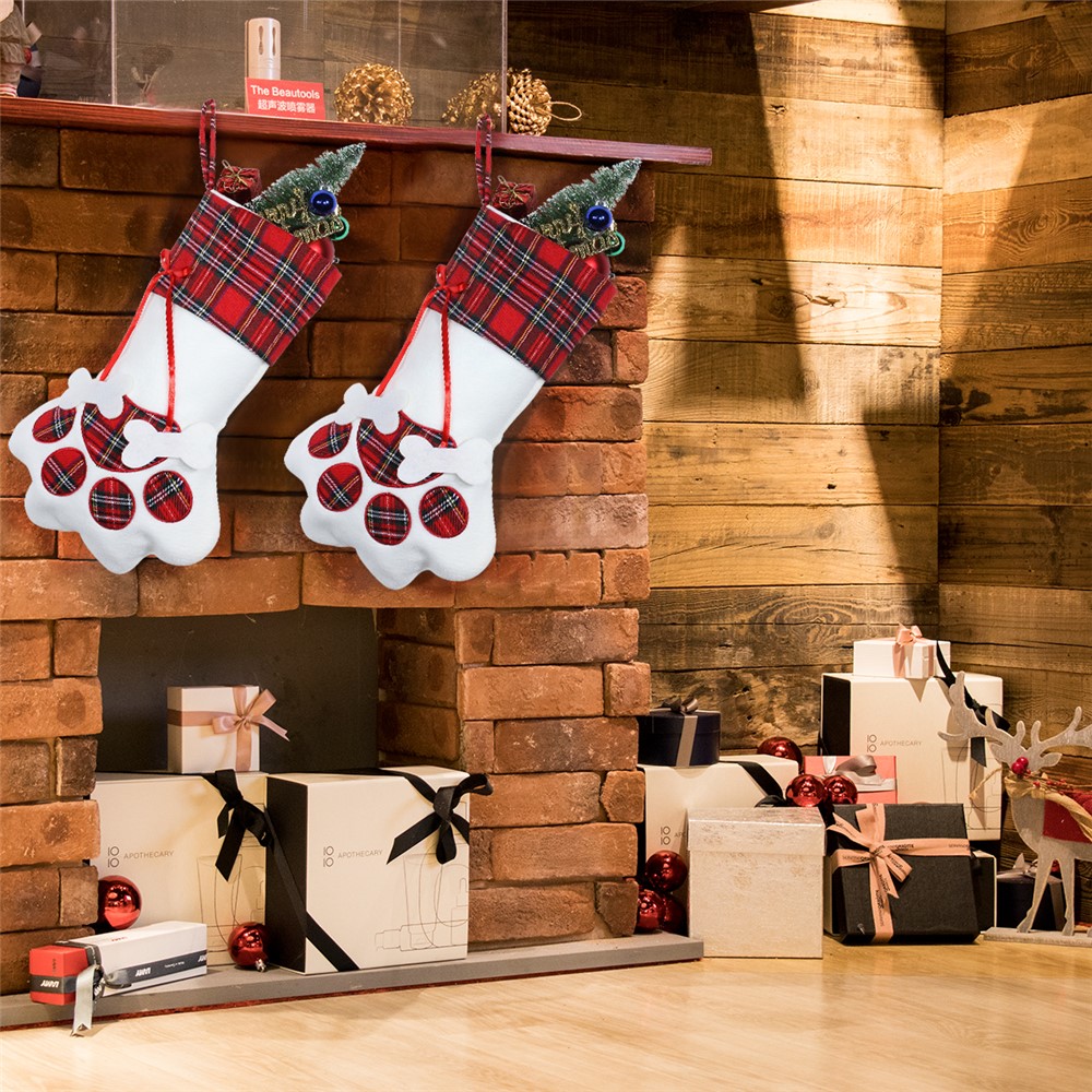 Christmas Stockings Dogs Cat Paw Plaid Xmas Socks New Year Gift Bag - Red Ribbon / Pork Bone-3