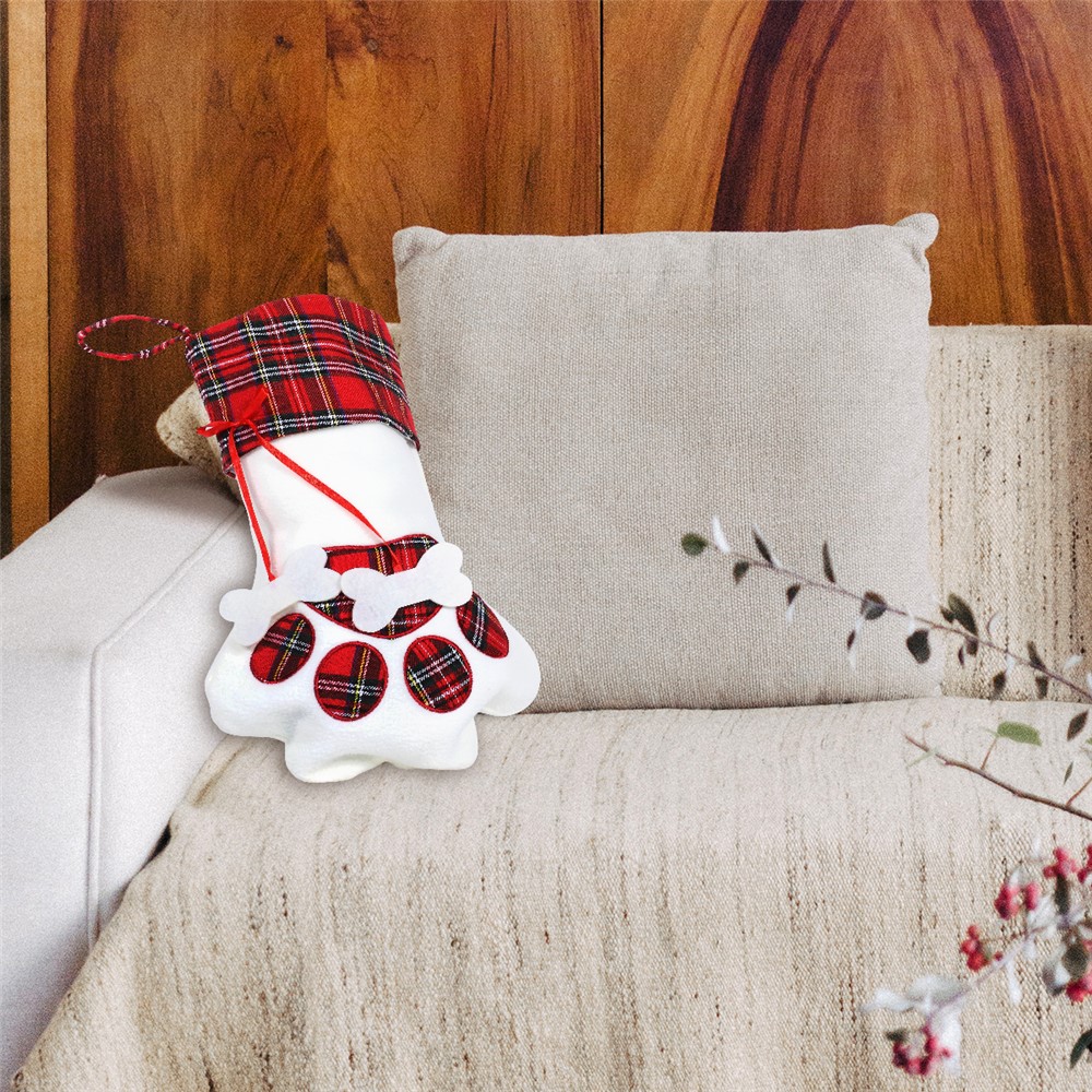 Christmas Stockings Dogs Cat Paw Plaid Xmas Socks New Year Gift Bag - Red Ribbon / Pork Bone-7