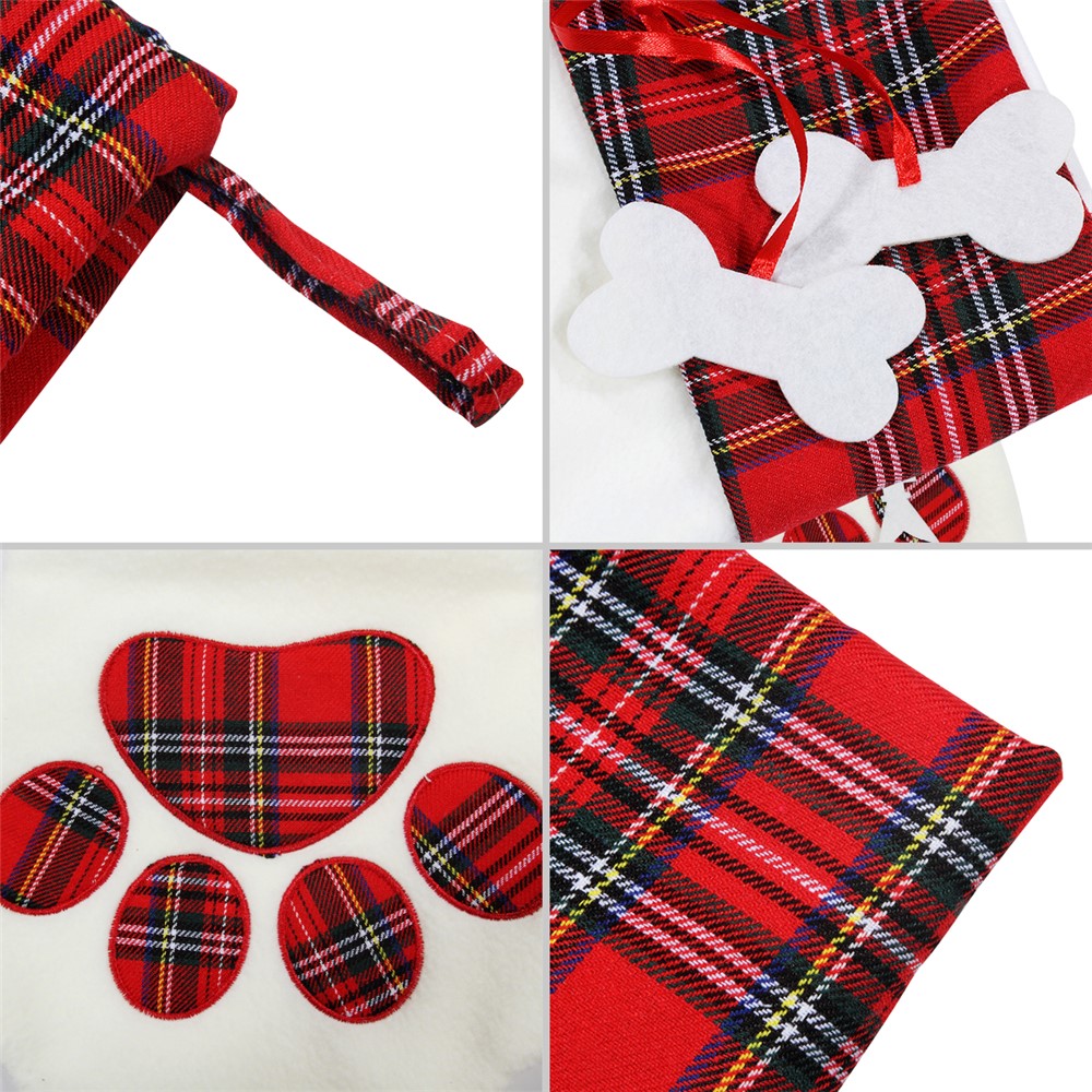 Christmas Stockings Dogs Cat Paw Plaid Xmas Socks New Year Gift Bag - Red Ribbon / Pork Bone-8