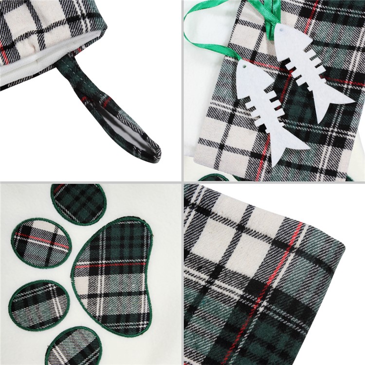 Christmas Stockings Dogs Cat Paw Plaid Xmas Socks New Year Gift Bag - Green Ribbon / Fish Bone-8