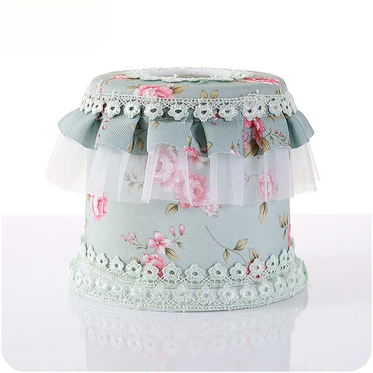 Country Style Flower Pattern Lace Multifunctional Tissue Box Holder - Green Round Shaped-1