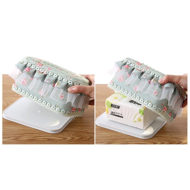 Country Style Flower Pattern Lace Multifunctional Tissue Box Holder - Green Medium Square Shaped-2