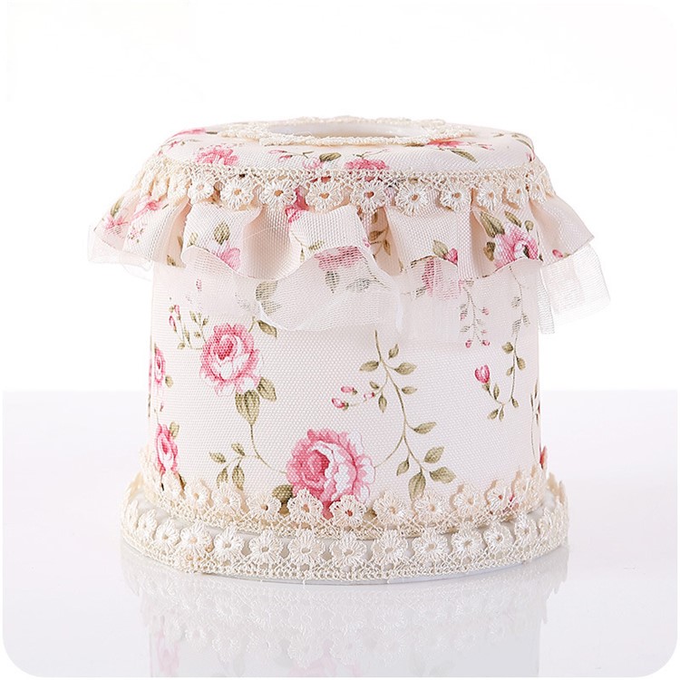 Country Style Flower Pattern Lace Multifunctional Tissue Box Holder - Beige Round Shaped-1