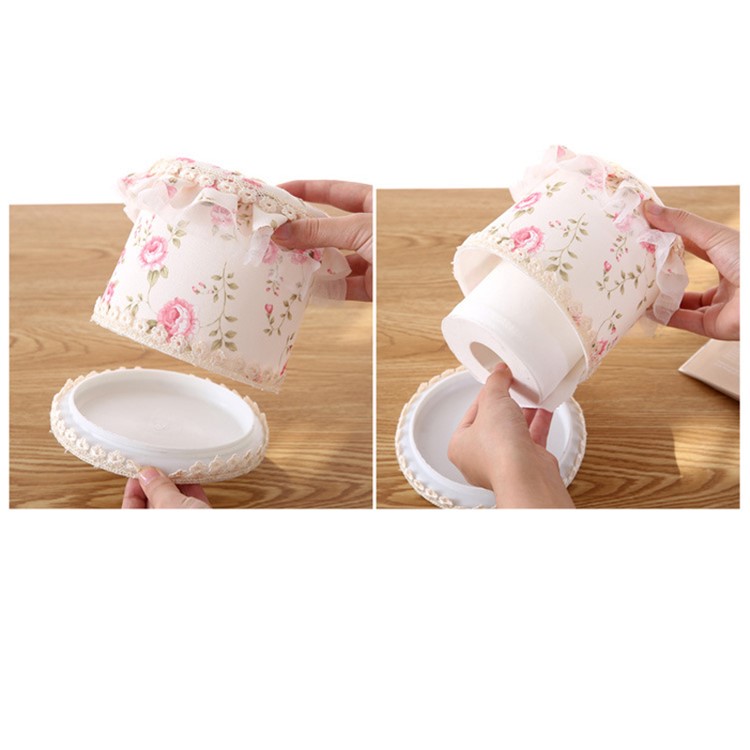 Country Style Flower Pattern Lace Multifunctional Tissue Box Holder - Beige Round Shaped-2