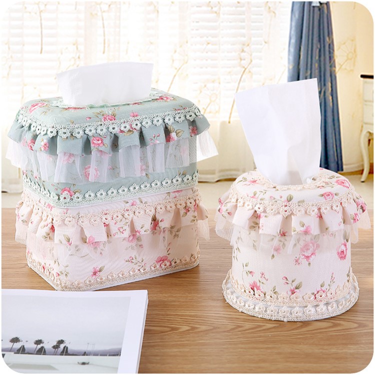 Country Style Flower Pattern Lace Multifunctional Tissue Box Holder - Beige Round Shaped-3
