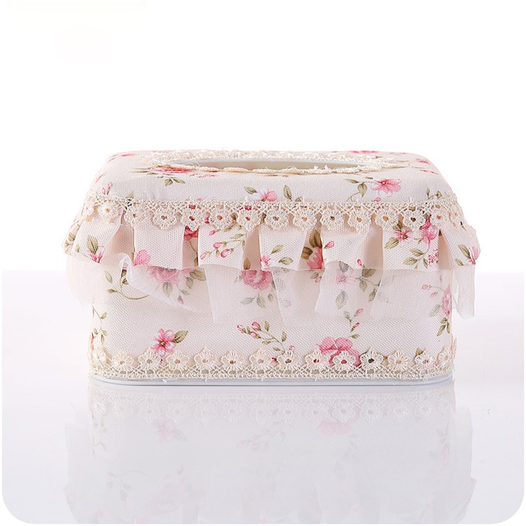 Country Style Flower Pattern Lace Multifunctional Tissue Box Holder - Beige Medium Square Shaped-1