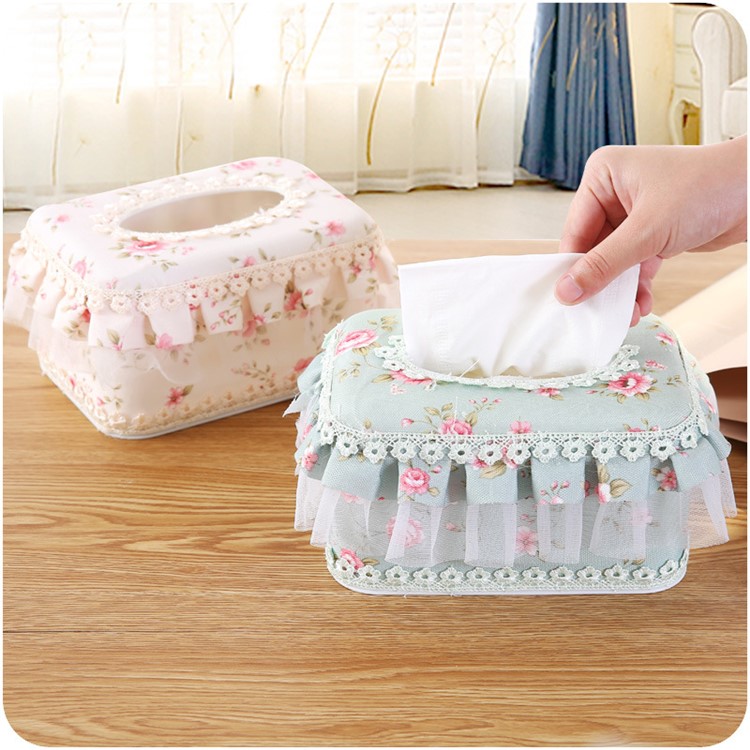 Country Style Flower Pattern Lace Multifunctional Tissue Box Holder - Beige Medium Square Shaped-2