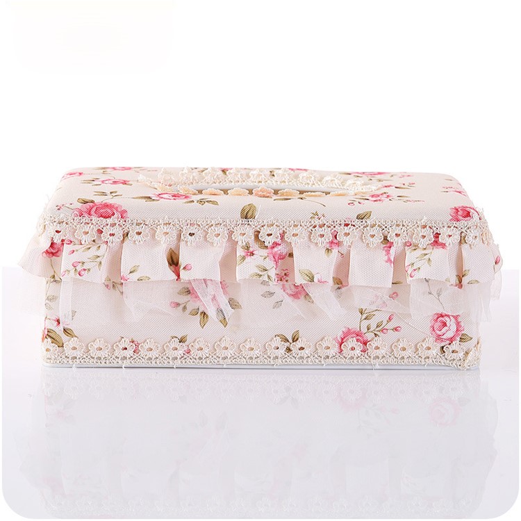 Country Style Flower Pattern Lace Multifunctional Tissue Box Holder - Beige Large Square Shaped-1