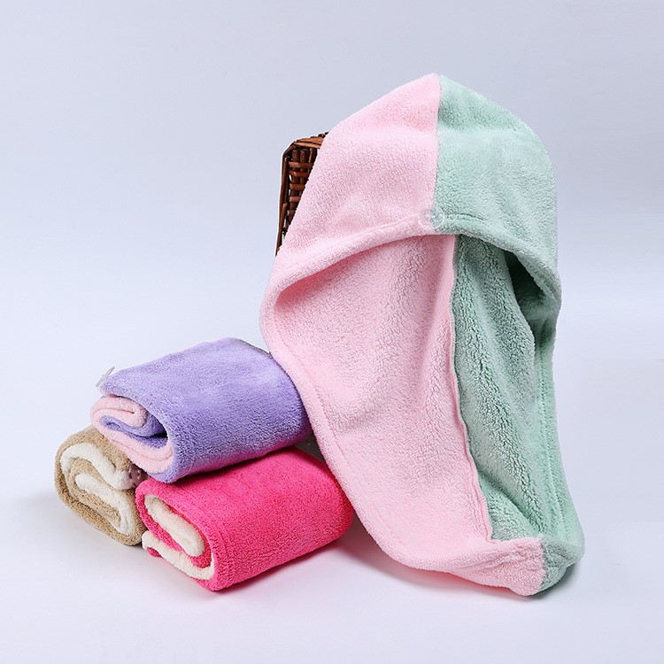Contrast Color Water Absorbent Coral Fleece Dry Hair Towel Wrap - Pink / Green-2