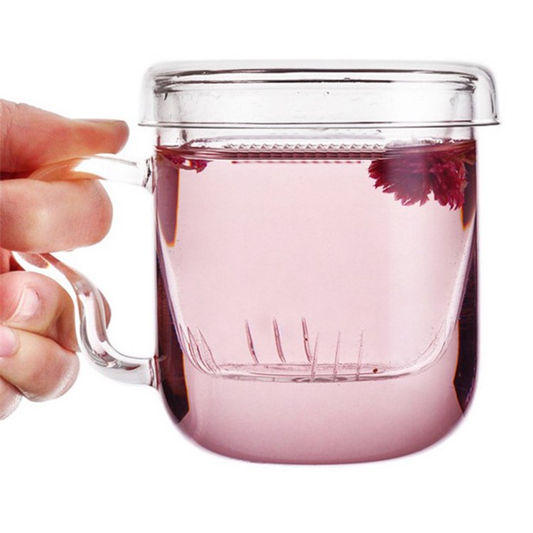 300ML Single Wall Tea Glass Mug with Lid and Infuser Basket-3