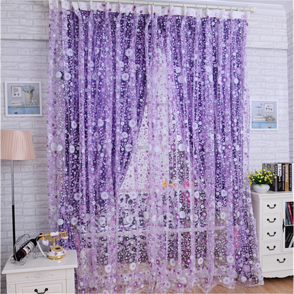 100x270cm Chic Room Floral Voile Door Window Curtain Drape Panel - Purple-1