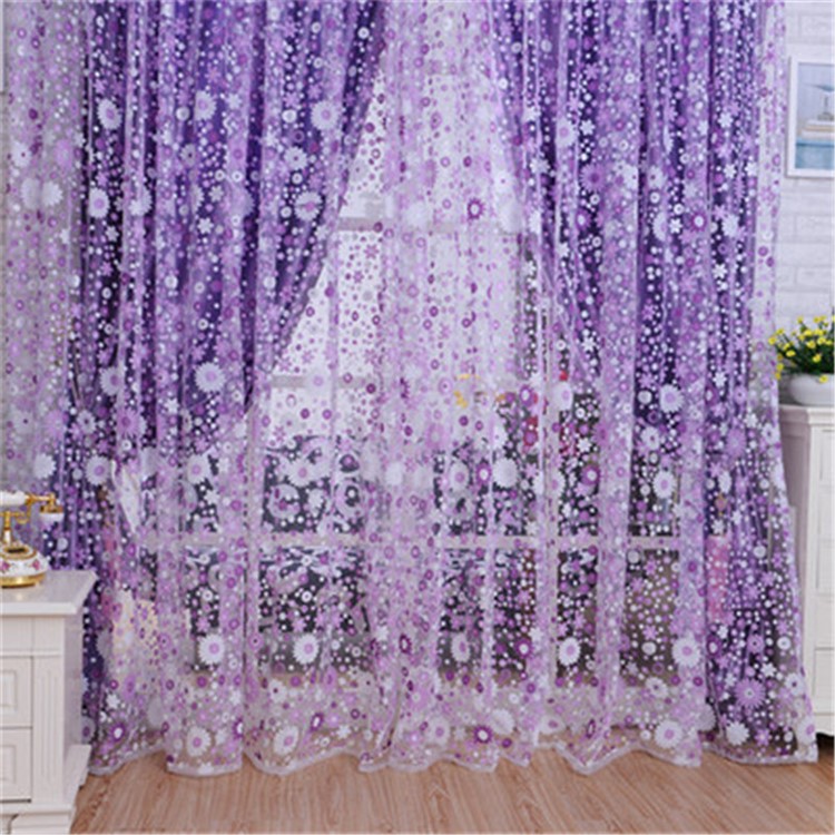 Print Floral Voile Door Window Curtain Room Drape Divider 100x200cm - Purple-5