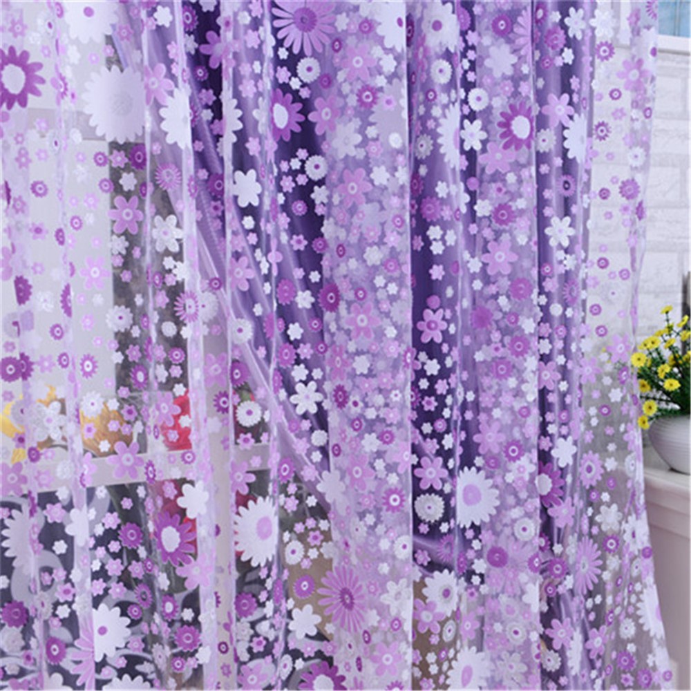 200x270 Cm Elegante Impressão Floral Voile Janela De Janela Sala De Cortina Drapeamento Divisor - Roxo-2