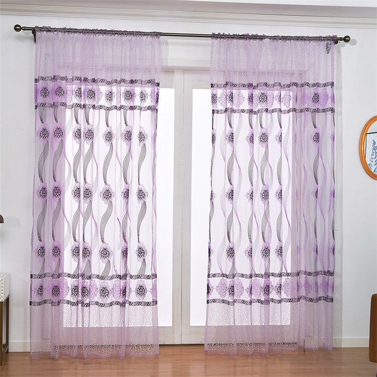 European Style Flower Sheer Curtain Rod Pocket Gauze Voile Curtain, Size: 100 x 270cm - Purple-1