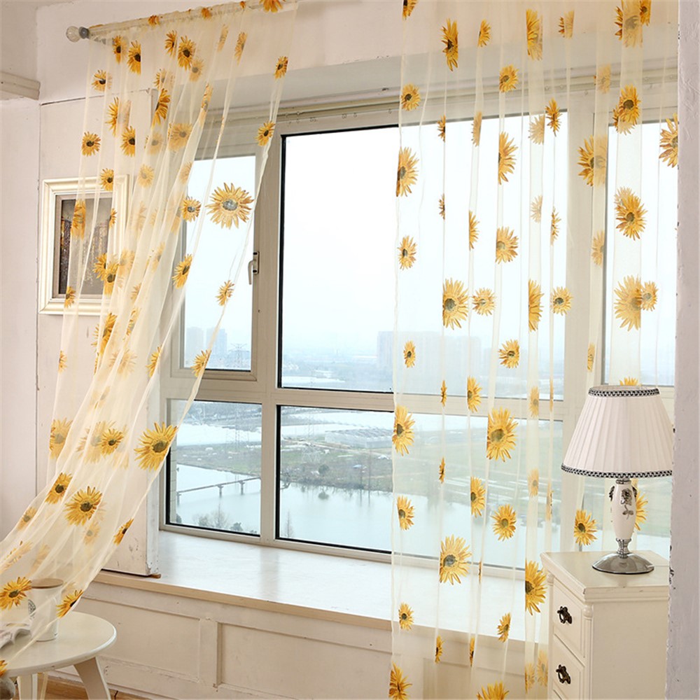 Sunflower Sheer Curtain Rod Pocket Gauze Voile Curtain - Yellow / Size: 100 x 270cm-1