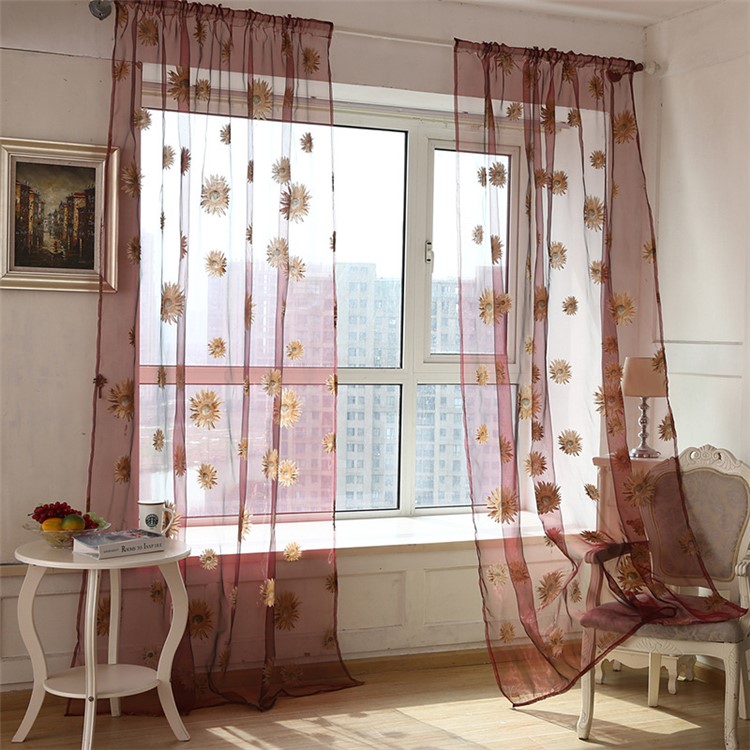 Sunflower Sheer Curtain Rod Pocket Gauze Voile Curtain - Wine Red / Size: 100 x 200cm-1