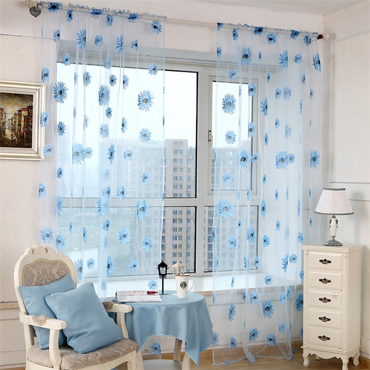 Sunflower Sheer Curtain Rod Pocket Gauze Voile Curtain - Blue / Size: 100 x 270cm-1