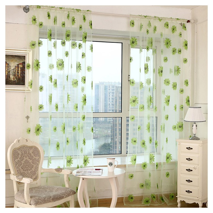 Sunflower Sheer Curtain Rod Pocket Gauze Voile Curtain - Green / Size: 100 x 270cm-1