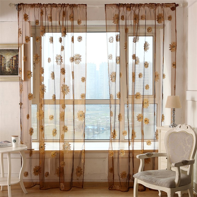 Sunflower Sheer Curtain Rod Pocket Gauze Voile Curtain - Coffee / Size: 100 x 270cm-1
