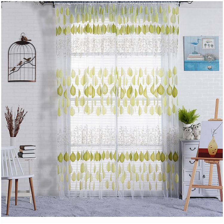 Leaf Pattern Sheer Curtain Rod Pocket Gauze Voile Curtain - Green / Size: 100 x 200cm-1