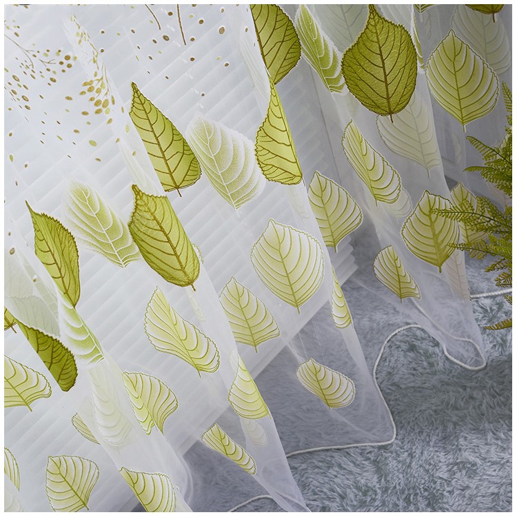 Leaf Pattern Sheer Curtain Rod Pocket Gauze Voile Curtain - Green / Size: 100 x 270cm-2