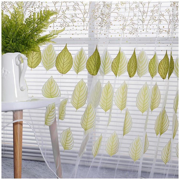 Leaf Pattern Sheer Curtain Rod Pocket Gauze Voile Curtain - Green / Size: 100 x 270cm-3