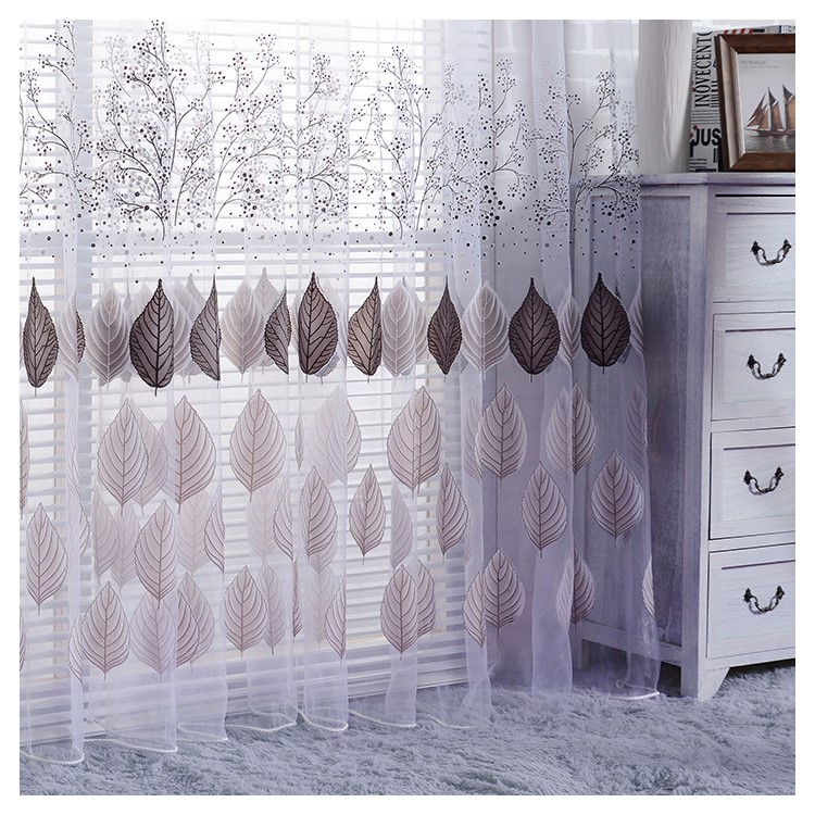 Leaf Pattern Sheer Curtain Rod Pocket Gauze Voile Curtain - Grey / Size: 100 x 200cm-1