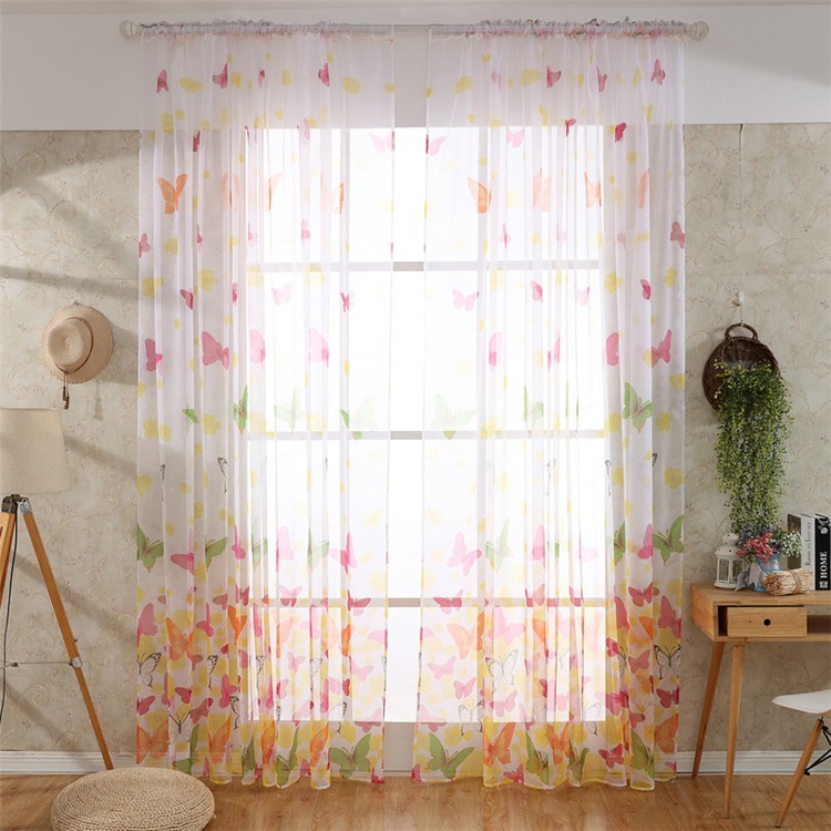 Butterfly Sheer Curtain Rod Pocket Voile Curtain, Size: 100 x 200cm - Hot Pink-1