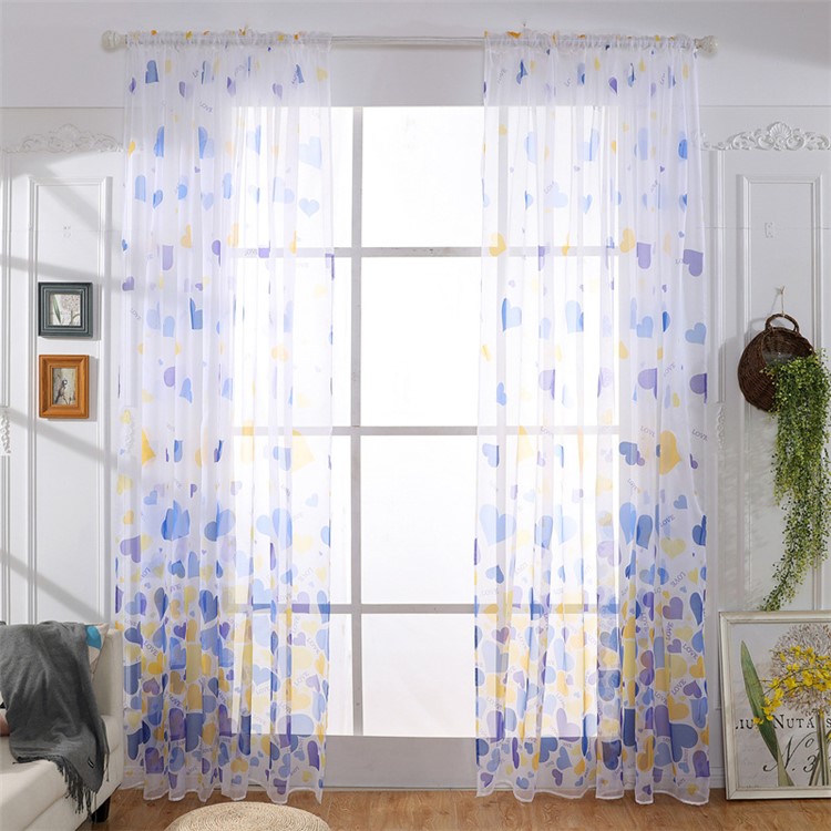 Heart Pattern Sheer Curtain Rod Pocket Voile Curtain - Blue / Size: 100 x 200cm-1