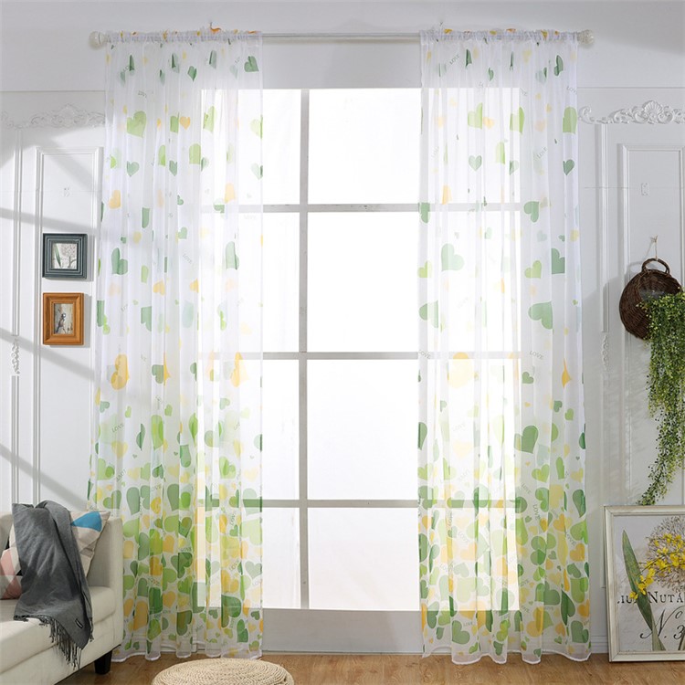 Heart Pattern Sheer Curtain Rod Pocket Voile Curtain - Green / Size: 100 x 200cm-1