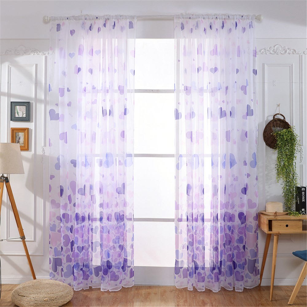 Heart Pattern Sheer Curtain Rod Pocket Voile Curtain - Purple / Size: 100 x 200cm-1
