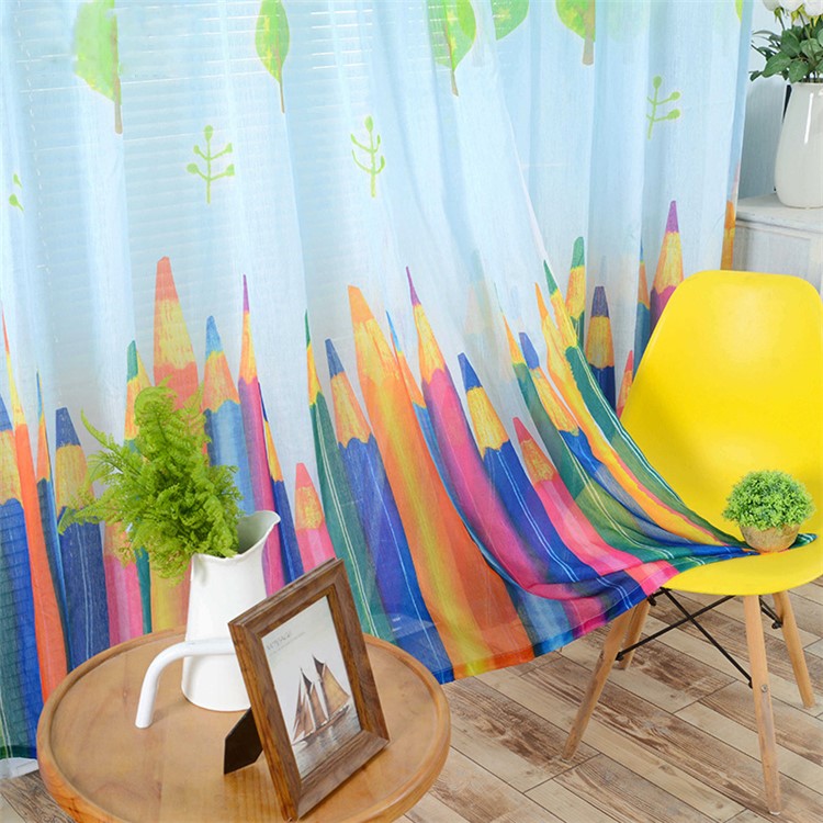 Cartoon Crayon Pattern Window Curtain Rod Pocket Voile Drape Curtain - Blue / Size: 100 x 270cm-2