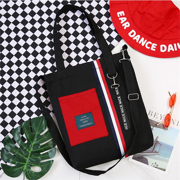 Stylish Contrast Color Single-shoulder Canvas Bag Large Capacity - Black