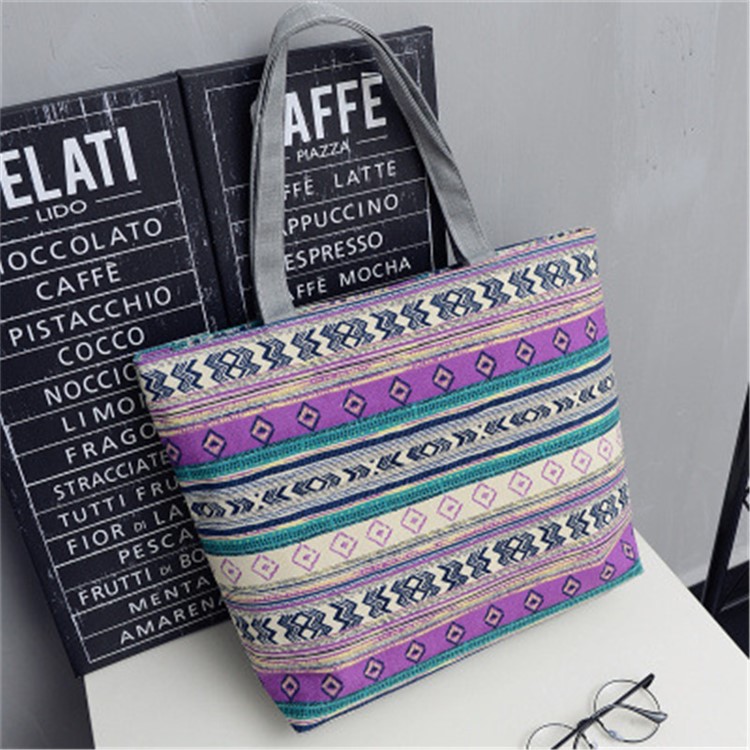 Fashionable Canvas Bag Single-shoulder Casual Storage Bag - Purple Stripes