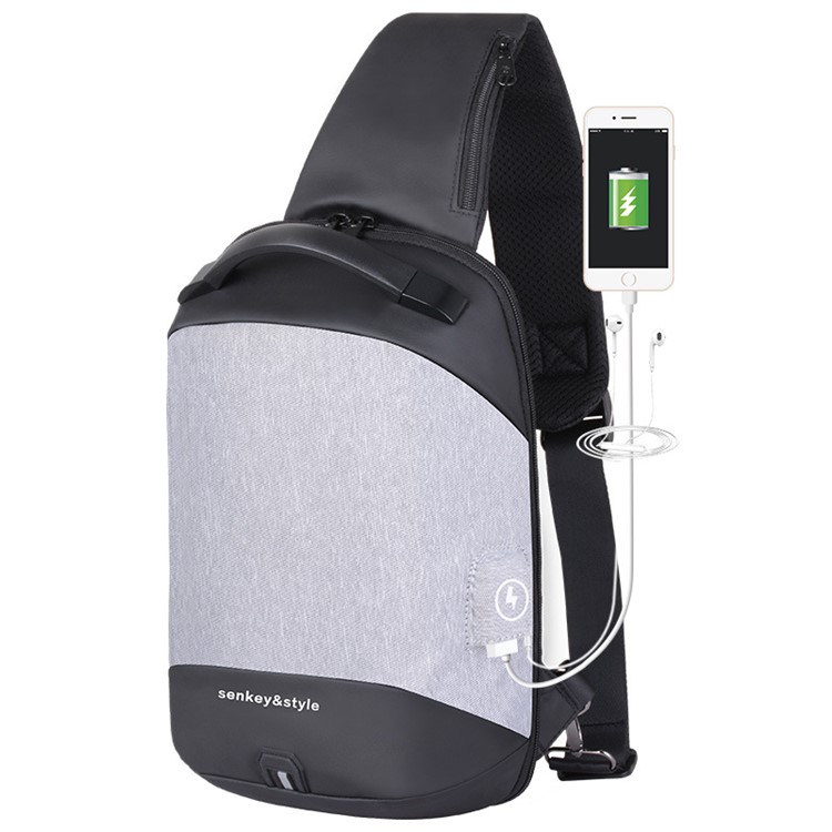 Crossbody Bag Shoulder Bag Chest Bag with USB Charger Port and Headphone Hole for Men - Light Grey/Black-1