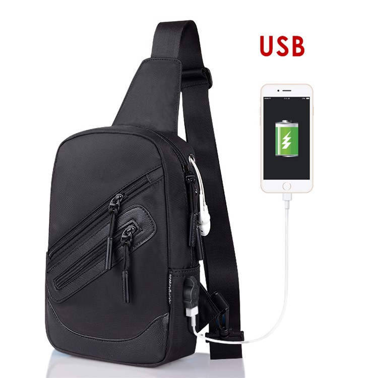 Men Oxford Casual Chest Messenger Sling Crossbody Shoulder Bag USB Charging Hole - All Black