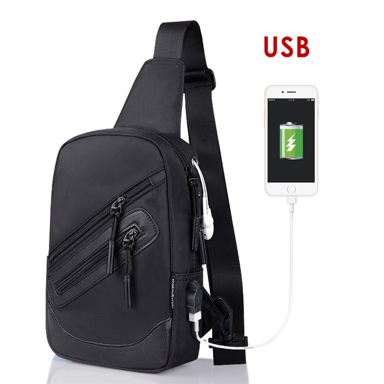 Männer Oxford Casual Brust Messenger Sling Crossbody Umhängetasche USB-Ladebohrung - Alles Schwarz