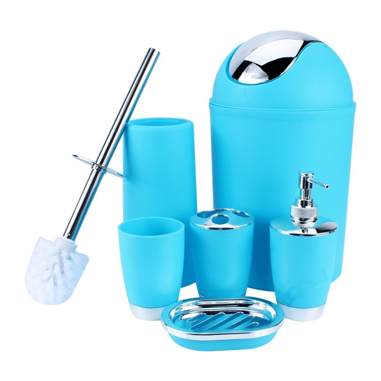 6PCS/Set Bathroom Accessories Toothbrush Holder Hand Sanitizer Bottle Soup Holder Toilet Brush Trash Can - Blue