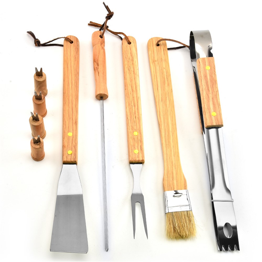 La Manija De Madera De Las Herramientas De La Parrilla Del Bbq 10pcs / Set Lleva El Sistema Del Bolso-5