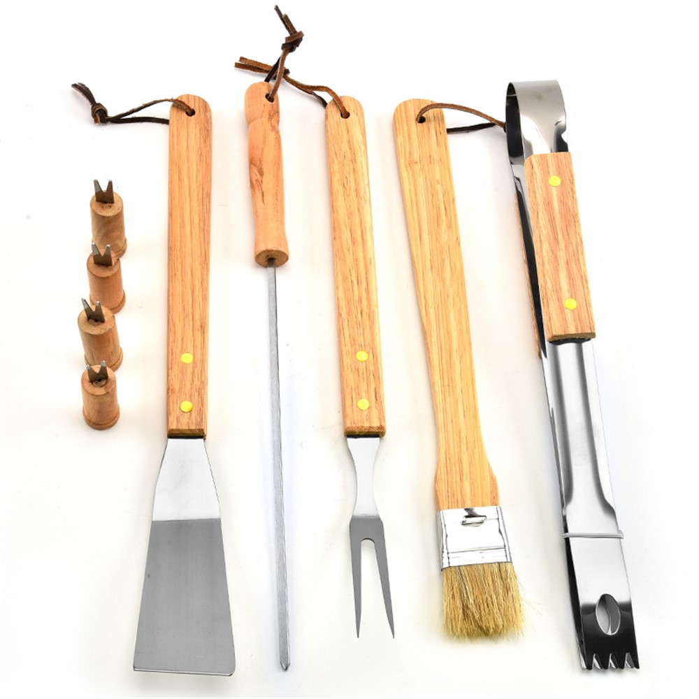 10PCS/Set BBQ Grill Tools Wooden Handle Carry Bag Set-5