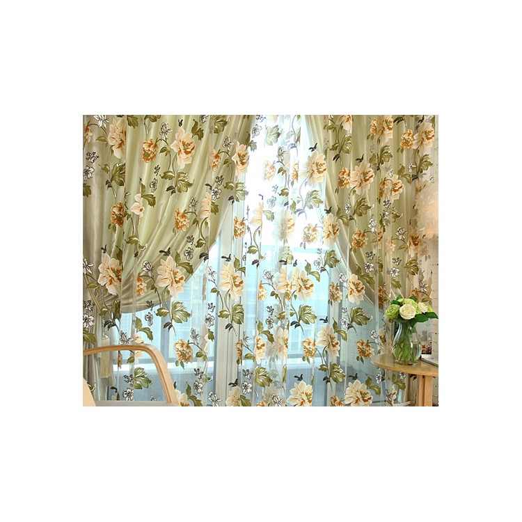 1x2m Peony Flower Curtain Blackout Window Tulle Drape Sheer (Without Curtain Bead) - Beige-2