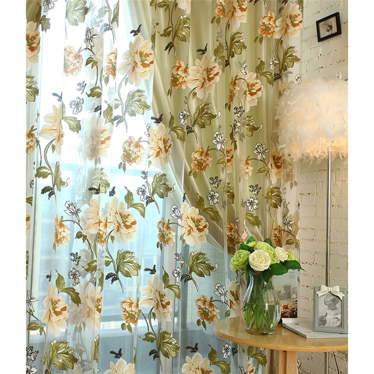 1x2m Peony Flower Curtain Blackout Window Tulle Drape Sheer (Without Curtain Bead) - Beige-5