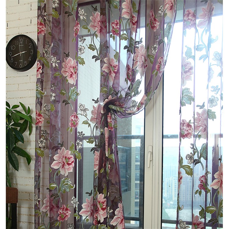 1x2m Peony Flower Curtain Blackout Window Tulle Drape Sheer (Without Curtain Bead) - Purple-3