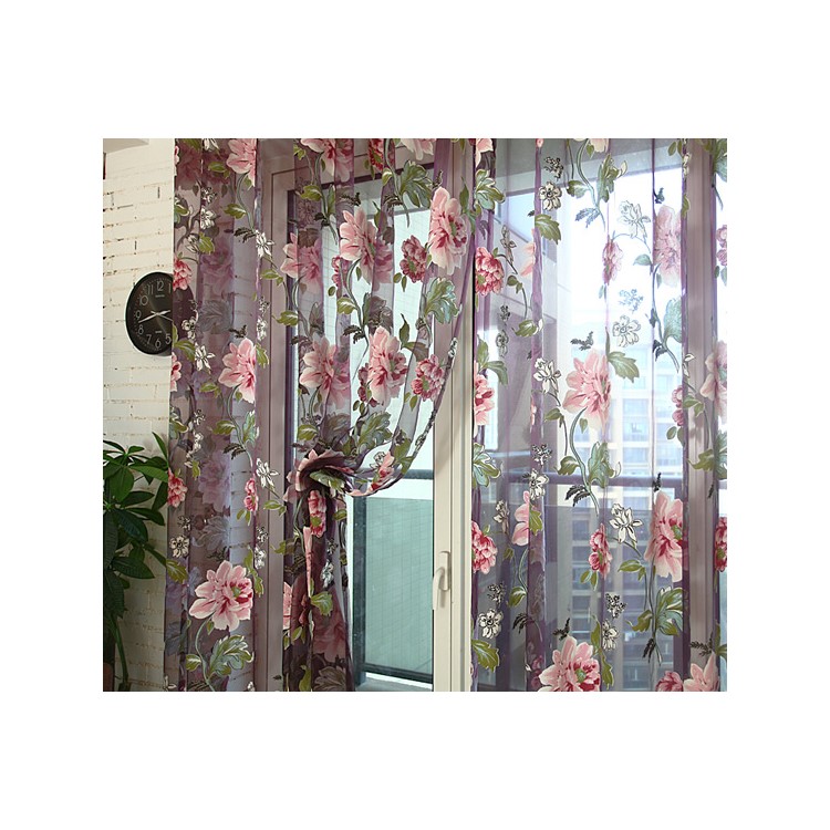 1x2m Peony Flower Curtain Blackout Window Tulle Drape Sheer (Without Curtain Bead) - Purple-5