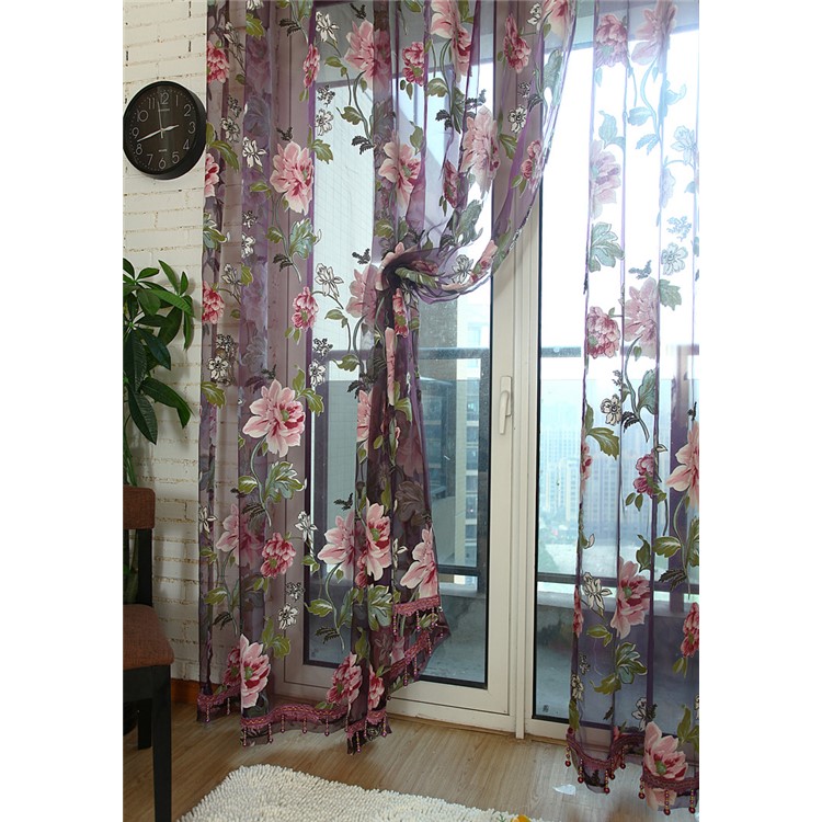 1x2m Peony Flower Curtain Blackout Window Tulle Drape Sheer for Bedroom Living Room - Purple-3